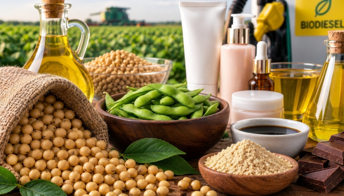 Além de chegar à mesa, a soja também está presente em cosméticos, combustíveis e diversos produtos utilizados diariamente. Foto gerada por IA